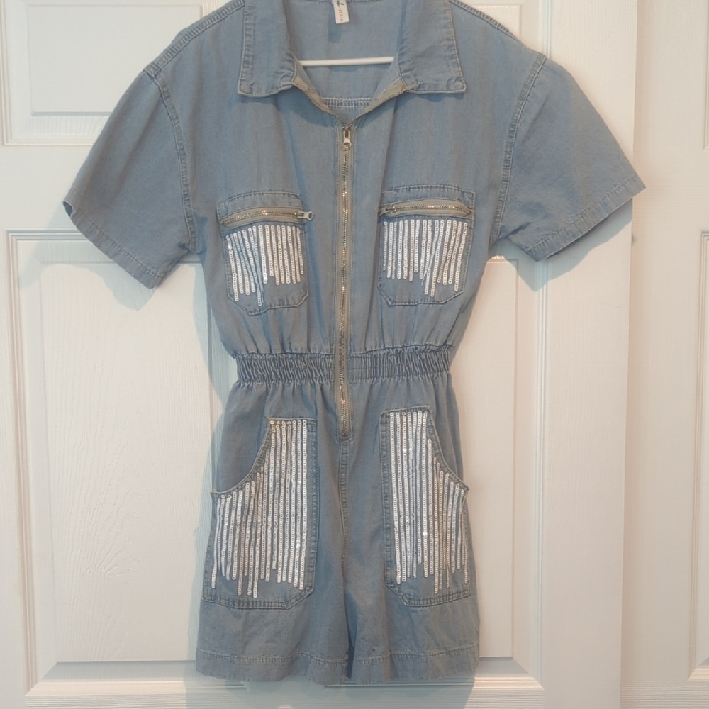 Embellished Denim Romper